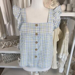 Blu Pepper Women's Size M Gingham Flutter Sleeve Button Up Sleeveless Top #2870